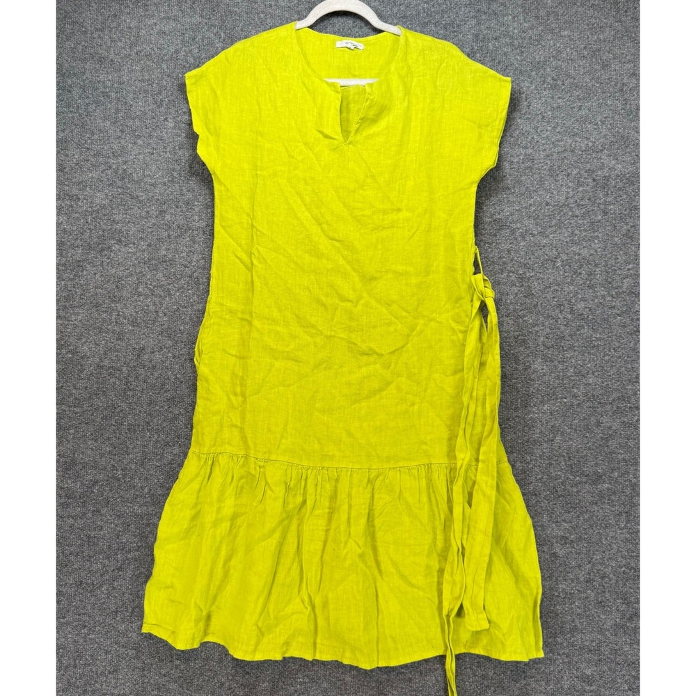 Vanessa Zani Midi Dress Womens Small Yellow/Green Linen Side Tie Made In Italy